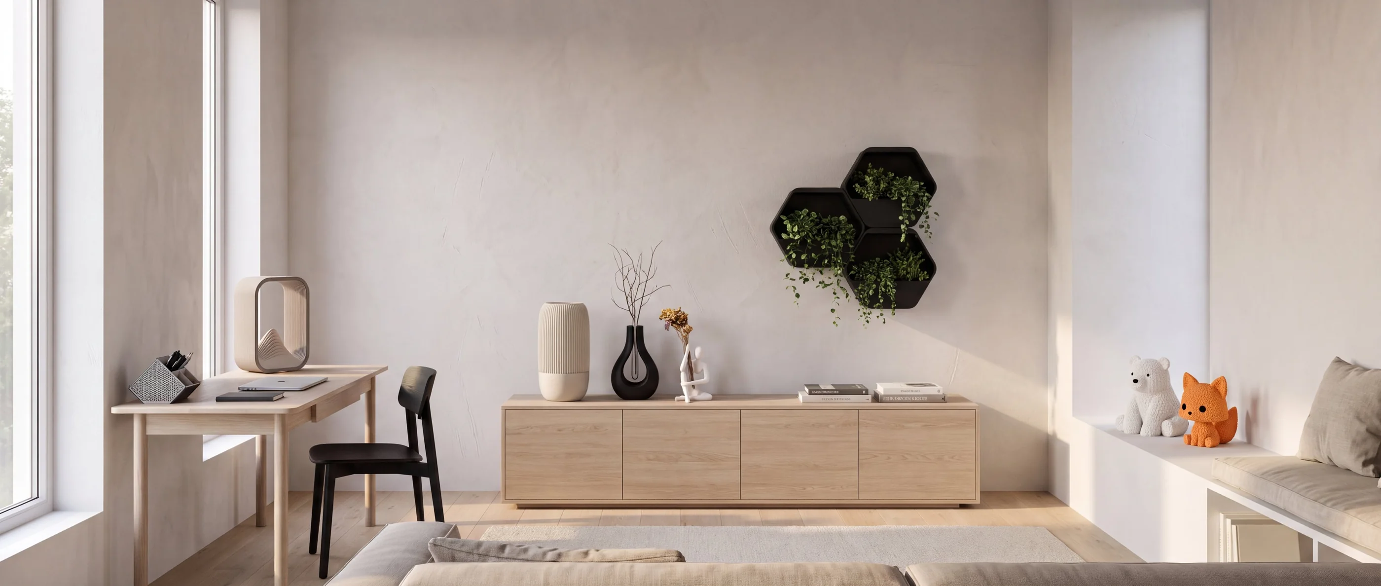 A light living room furnished with LAYERD lamps, vases and figurines