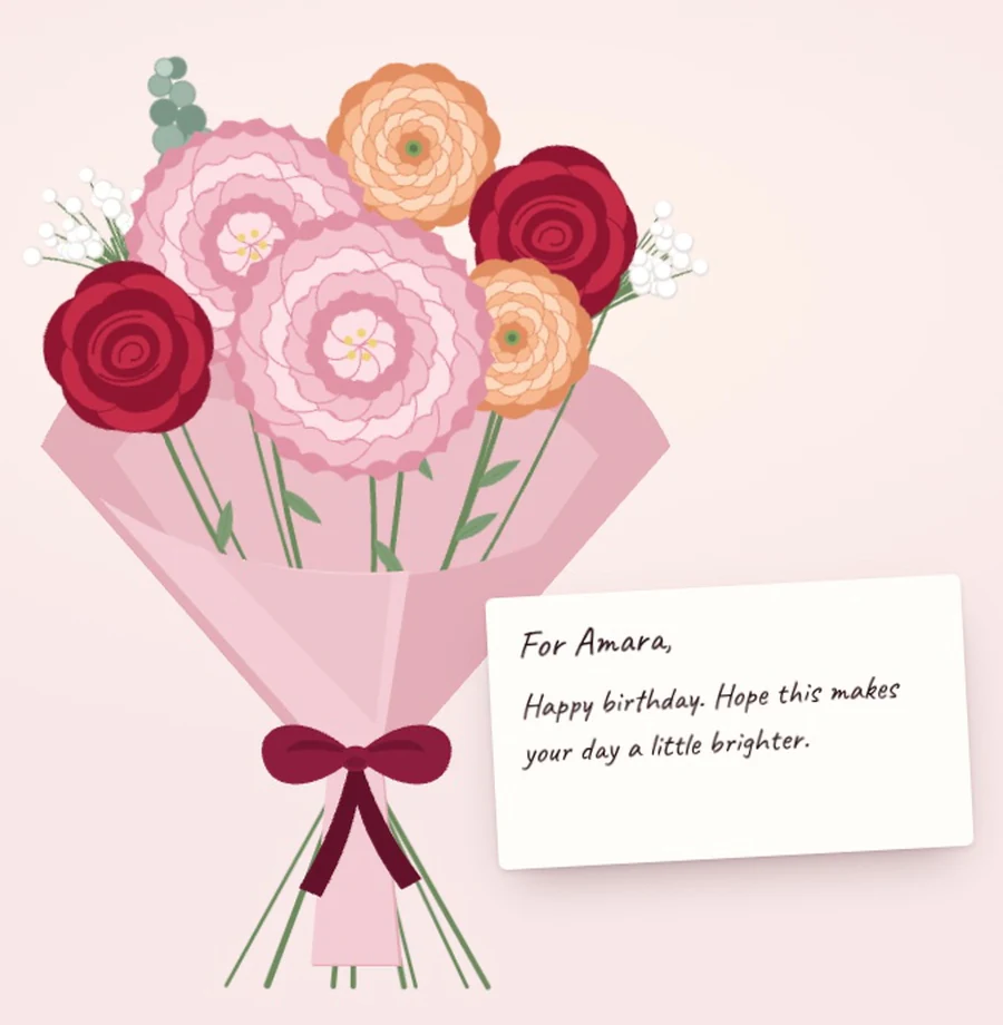 A Posy bouquet of roses, peonies and ranunculus with a handwritten card