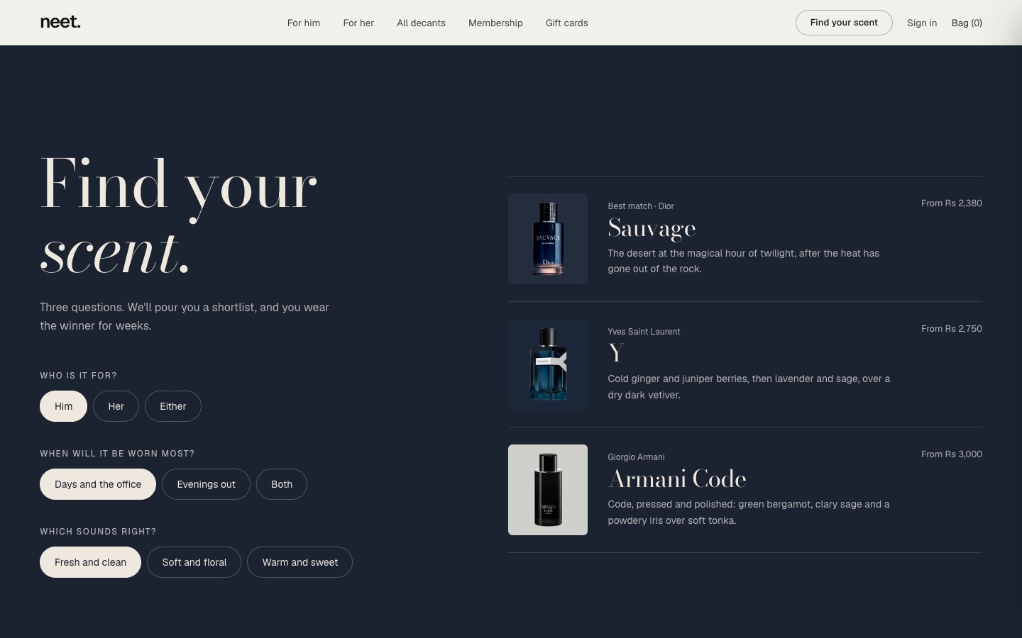 Find your scent: three questions, one shortlist.