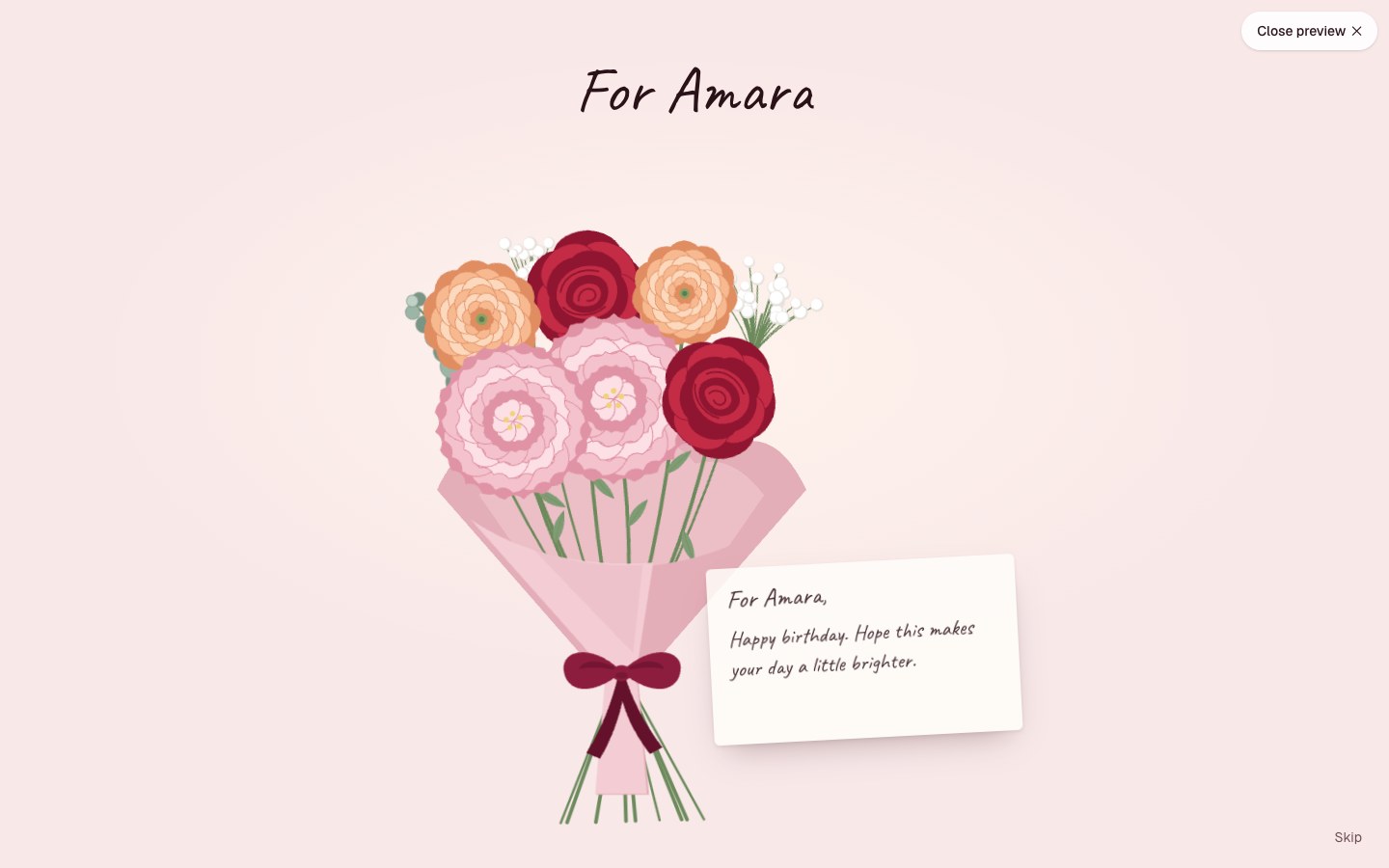 What they see: the envelope opens and the bouquet blooms.